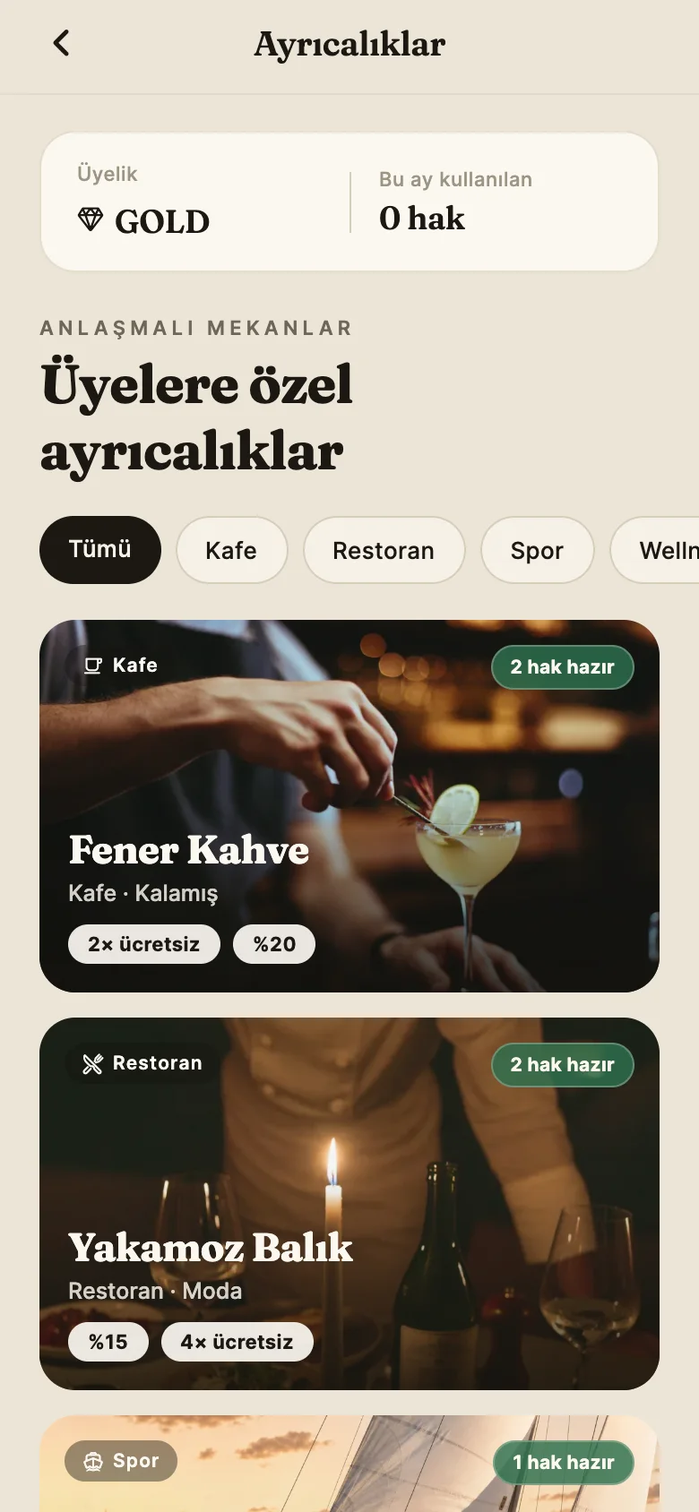 Ayrıcalıklar ekranı: anlaşmalı mekânlar ve kullanılabilir haklar